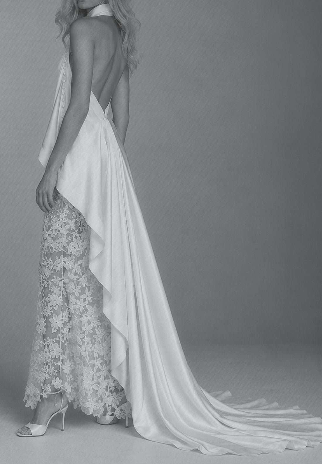 Halter High-Low Draped Train Gown with Lace