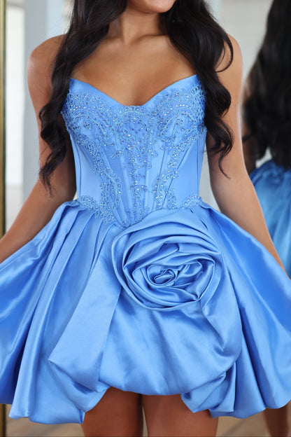 Beaded Corset Bubble Hem Mini Dress with Rosette