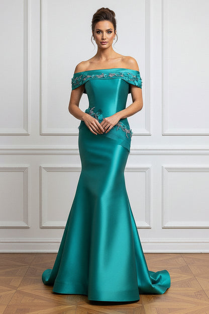 Off-the-Shoulder Mermaid Gown with Floral Appliques