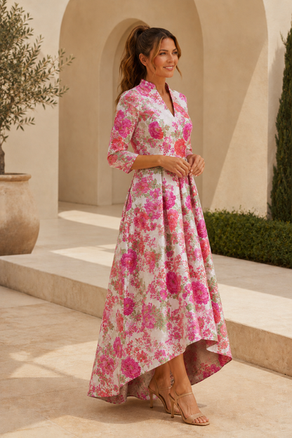 Floral Jacquard High-Low A-Line Dress