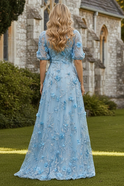 3D Floral Applique Short Sleeve A-Line Gown