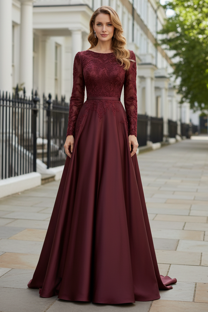 Long Sleeve Embroidered Satin A-Line Gown