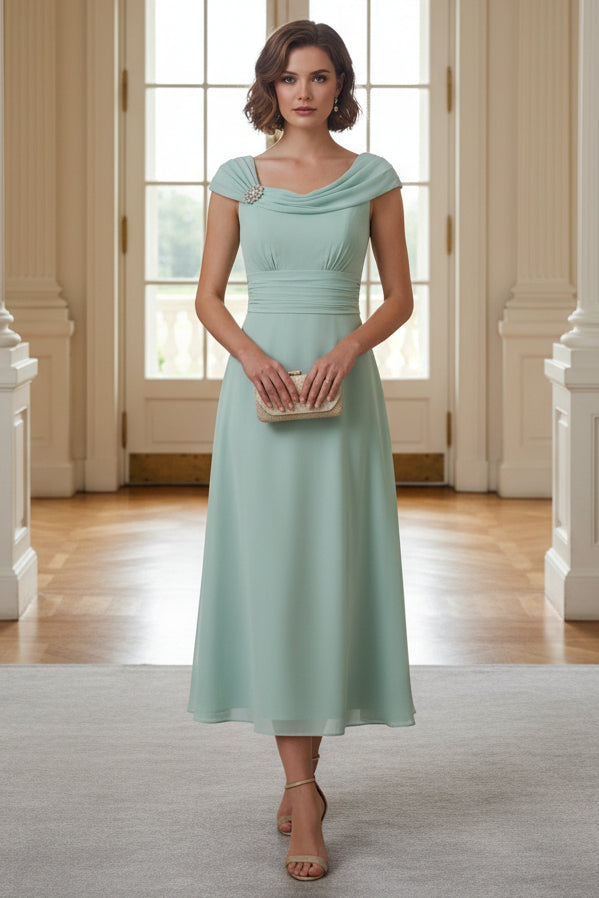 A-Line Cowl Neck Chiffon Tea-Length Dress