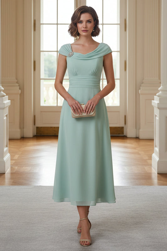 A-Line Cowl Neck Chiffon Tea-Length Dress