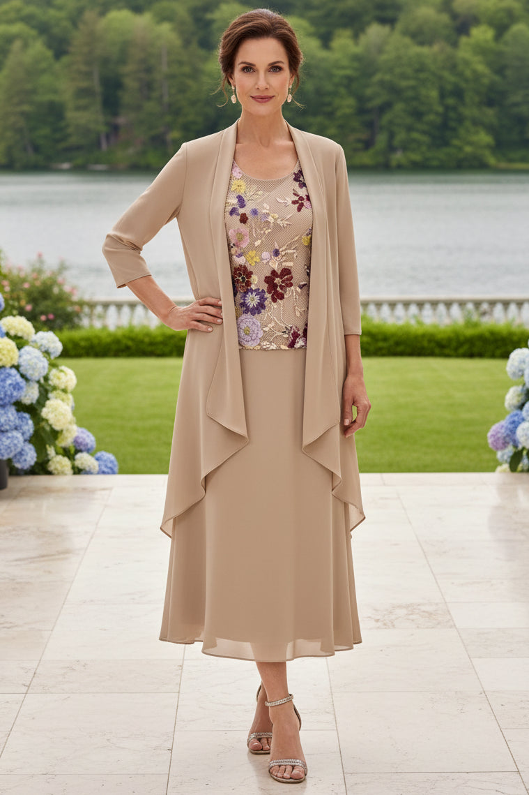 Embroidered Floral Midi Dress and Jacket Set