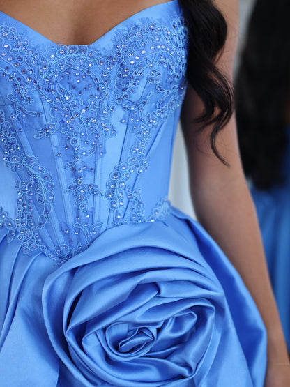 Beaded Corset Bubble Hem Mini Dress with Rosette