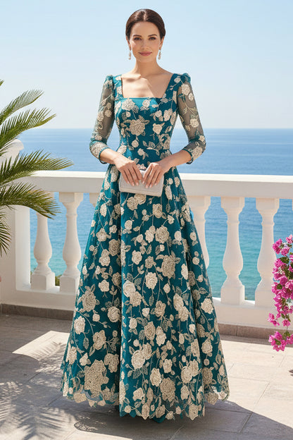 Floral Embroidered Square Neck A-Line Evening Gown