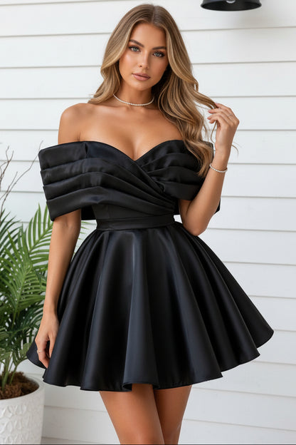 Off-the-Shoulder Pleated Satin Mini Dress