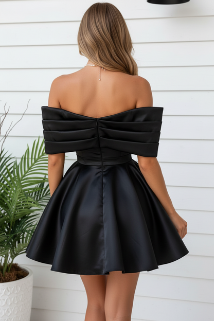 Off-the-Shoulder Pleated Satin Mini Dress