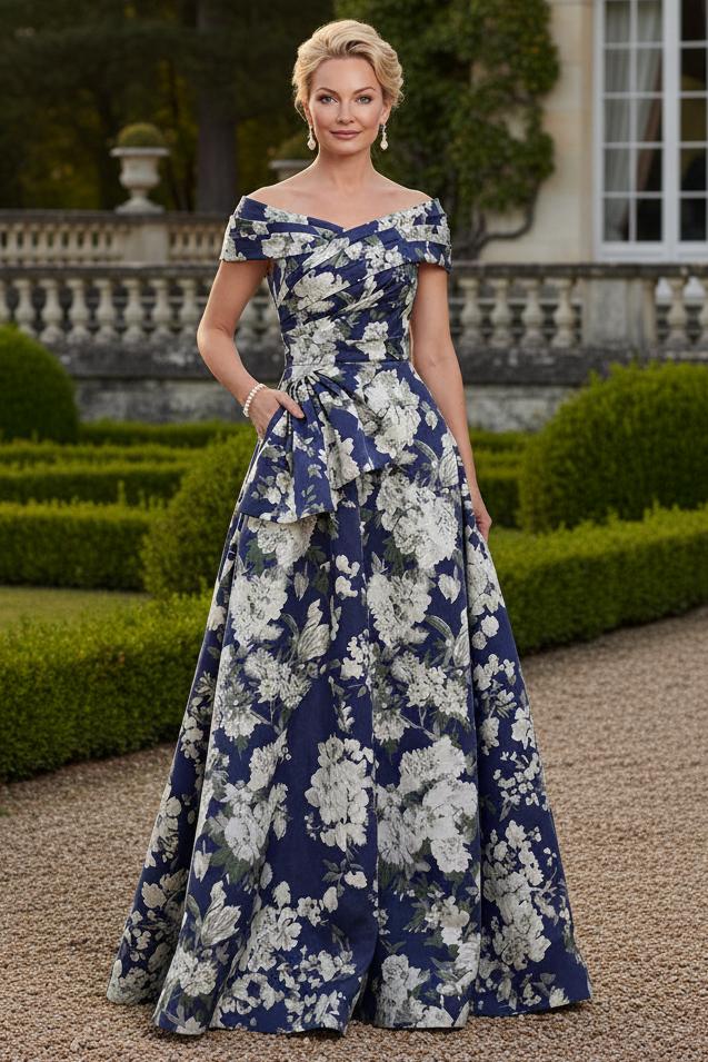Off-the-Shoulder Floral Jacquard A-Line Gown
