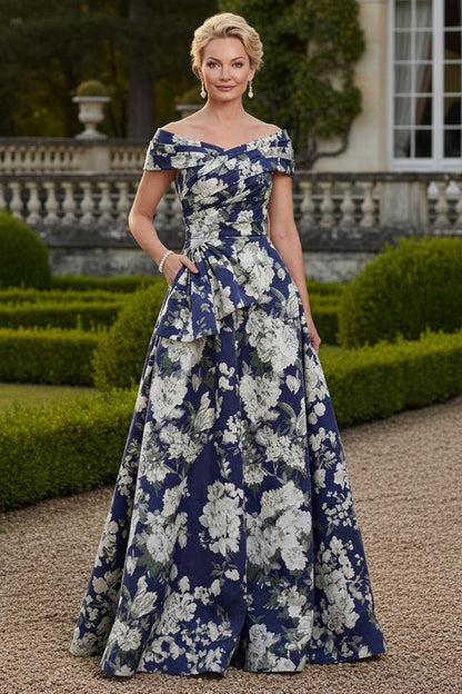 Off-the-Shoulder Floral Jacquard A-Line Gown