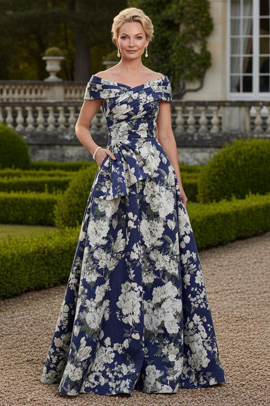 Off-the-Shoulder Floral Jacquard A-Line Gown