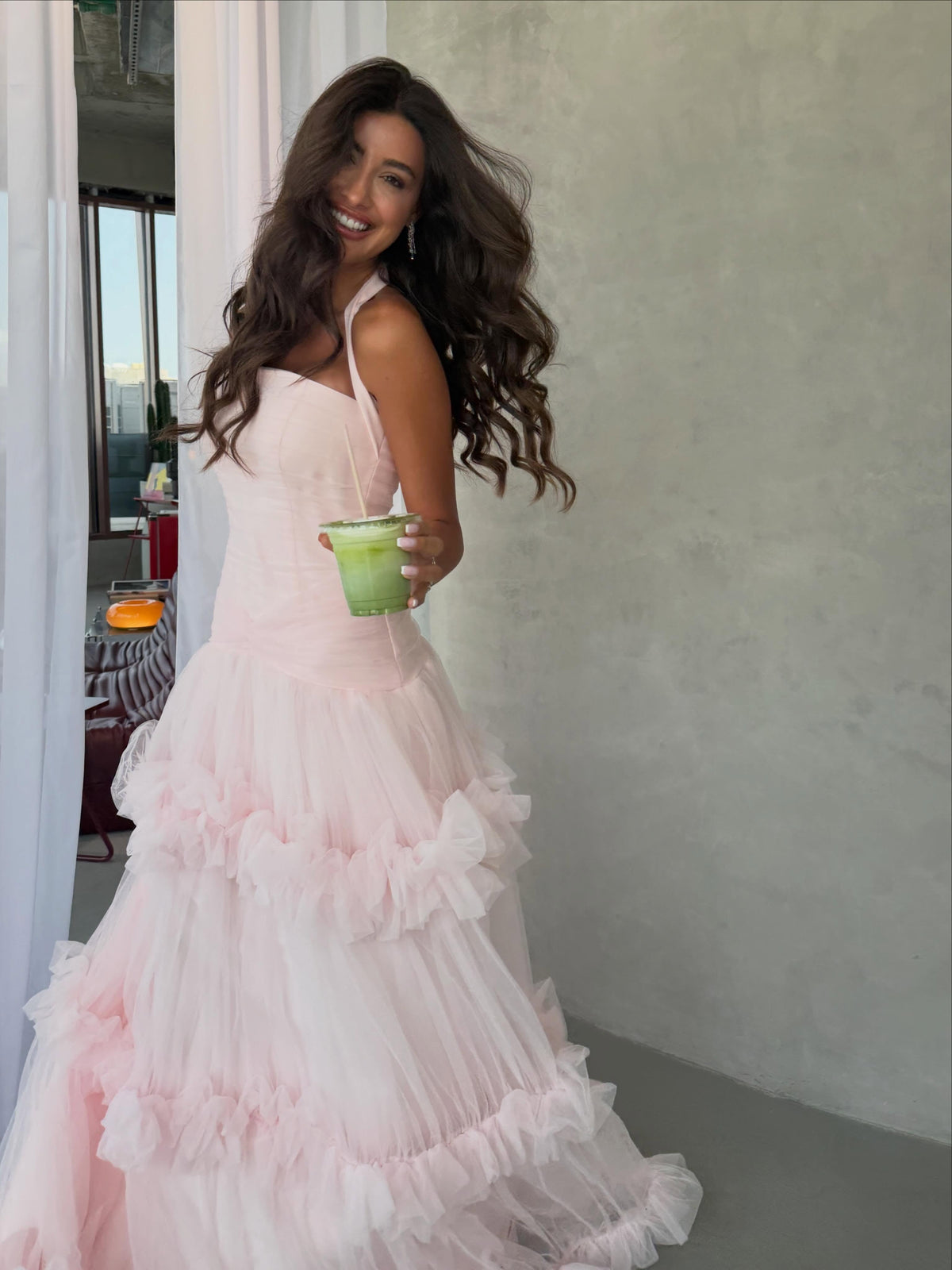 Ruched Halter Tiered Ruffle Tulle Gown