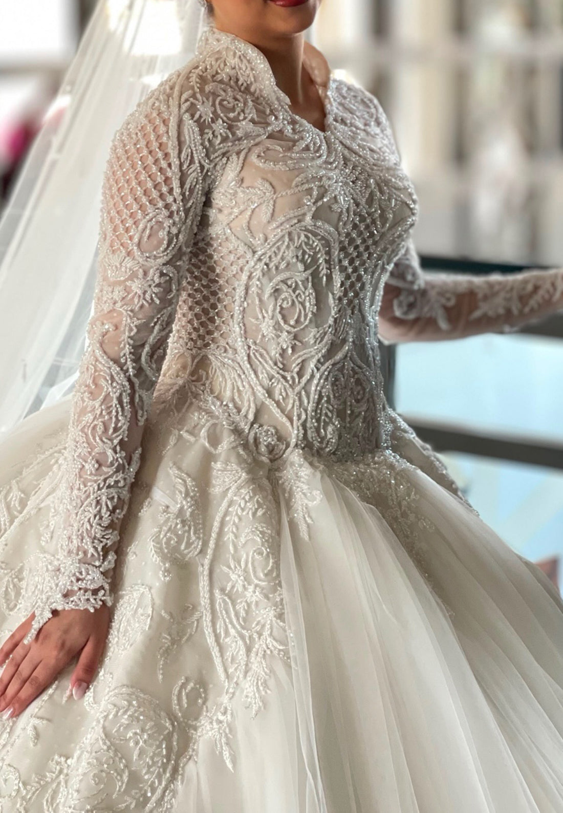 Embroidered Ball Gown Wedding Dress with Long Sleeves