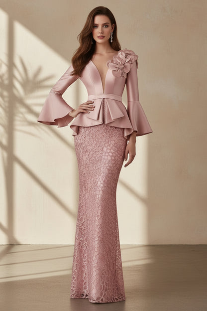 Floral Shoulder Peplum Lace Evening Gown