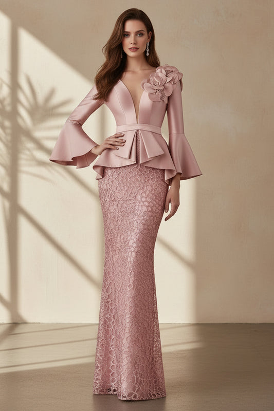Floral Shoulder Peplum Lace Evening Gown