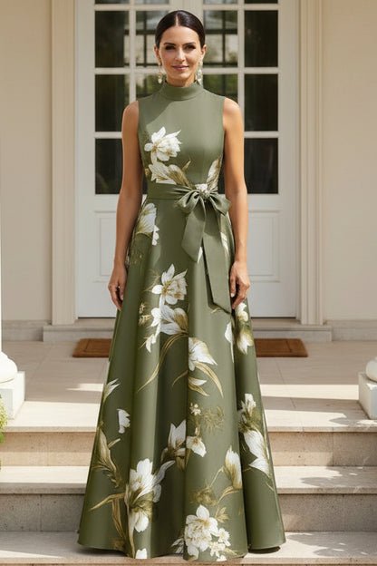 High-Neck Sleeveless Floral Print A-Line Maxi Dress