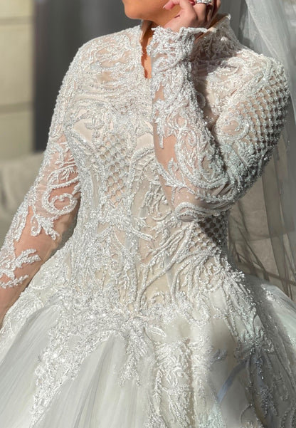 Embroidered Ball Gown Wedding Dress with Long Sleeves