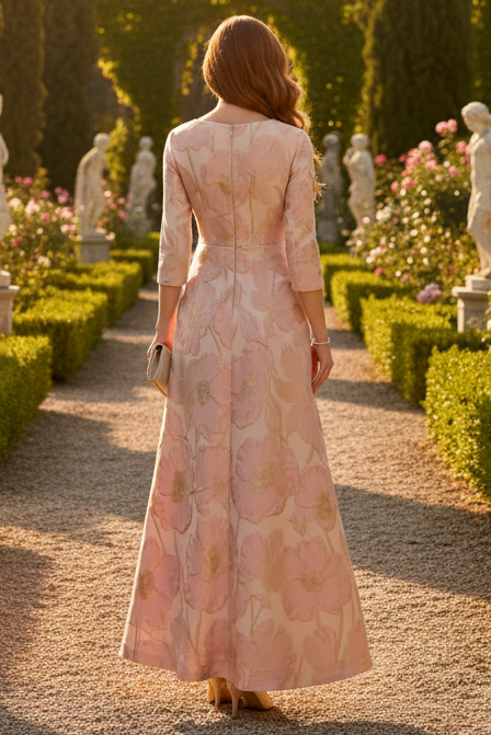 Jacquard High-Low Dress with Waist Bow & 3/4 Sleeves