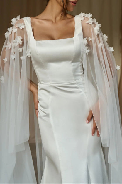 Square Neck Mermaid Wedding Dress with 3D Floral Cape