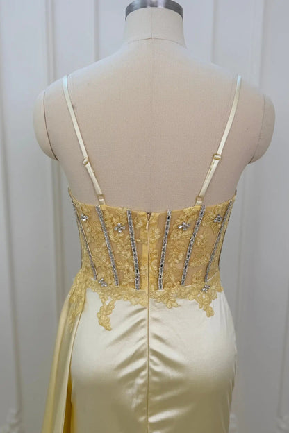 Corset Evening Gown with Slit and Beading