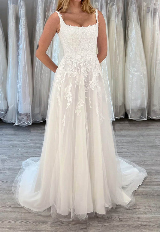 A-Line Lace and Tulle Wedding Dress with Pockets