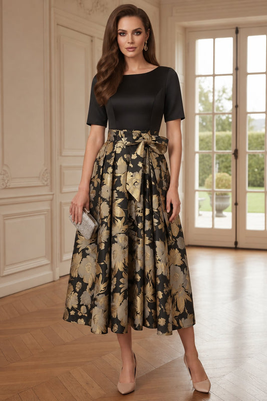Floral Jacquard A-Line Midi Dress with Bow Belt