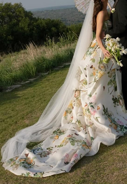 Floral Strapless Ball Gown with Draped Skirt