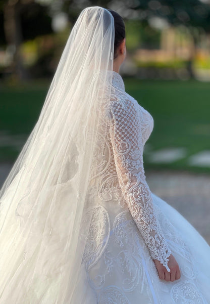 Embroidered Ball Gown Wedding Dress with Long Sleeves