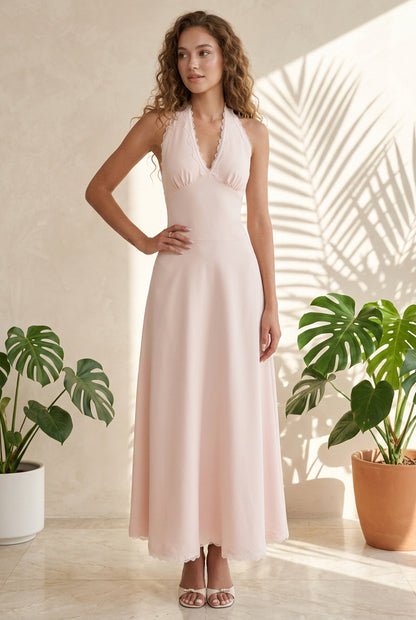 Halter Neck Lace Trim Maxi Dress