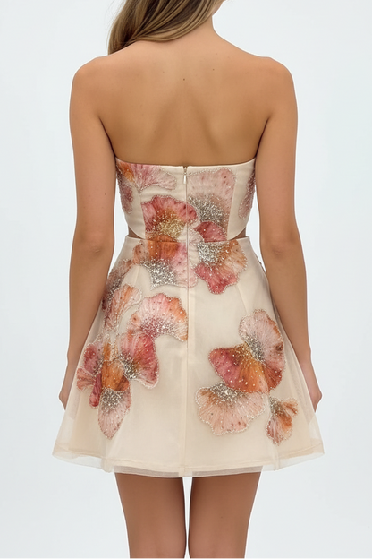 Strapless Floral Applique Cutout Mini Dress