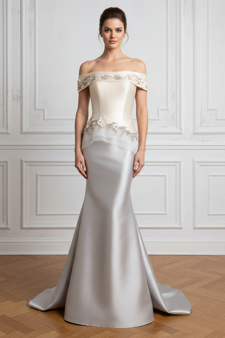 Off-the-Shoulder Mermaid Gown with Floral Appliques
