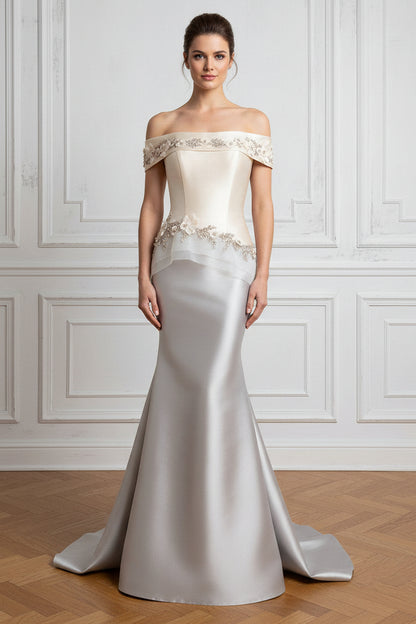 Off-the-Shoulder Mermaid Gown with Floral Appliques