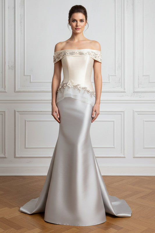Off-the-Shoulder Mermaid Gown with Floral Appliques