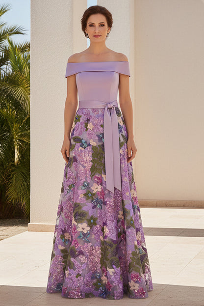 Off-the-Shoulder Floral Sequin A-Line Evening Gown
