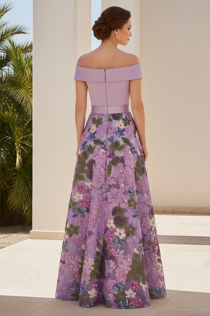 Off-the-Shoulder Floral Sequin A-Line Evening Gown
