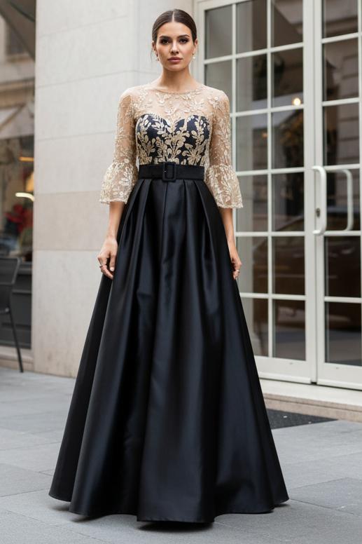 Embroidered Illusion Bodice A-Line Gown with Belt