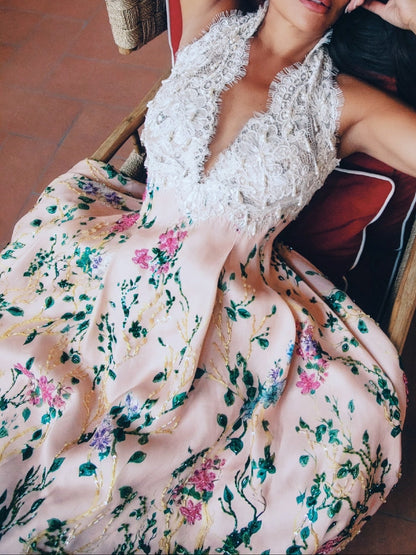Lace Halter Floral Ankle-Length A-Line Dress