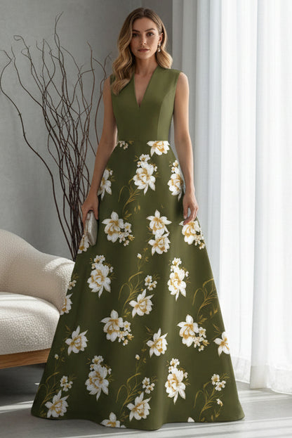 Sleeveless Floral Print A-Line Evening Gown