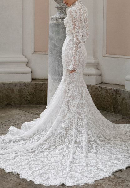 High-Neck Lace Long-Sleeve Wedding Dress