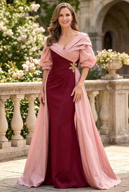 Gown with Puff Sleeves and Overskirt