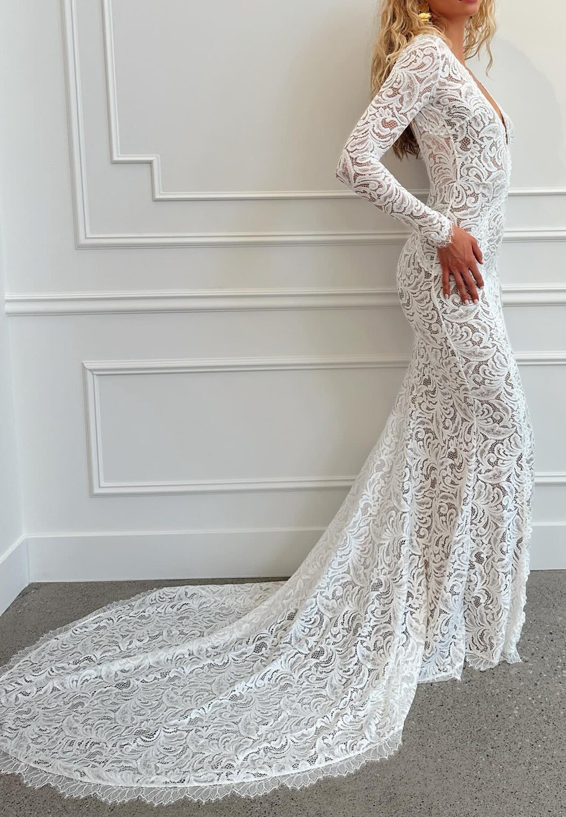 Lace Long Sleeve Keyhole Back Wedding Dress
