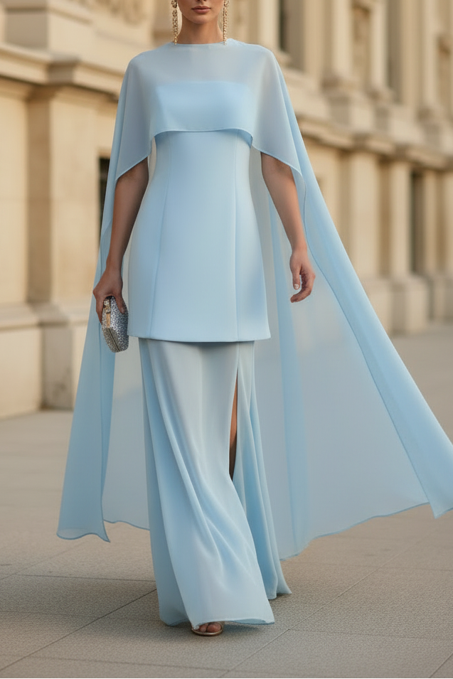 Sky Blue Cape Sleeve Formal Evening Gown with High Slit