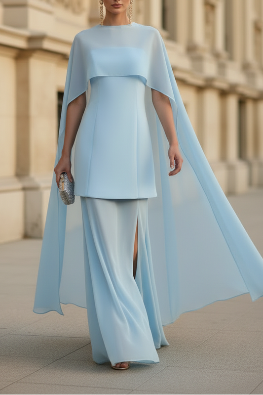 Sky Blue Cape Sleeve Formal Evening Gown with High Slit