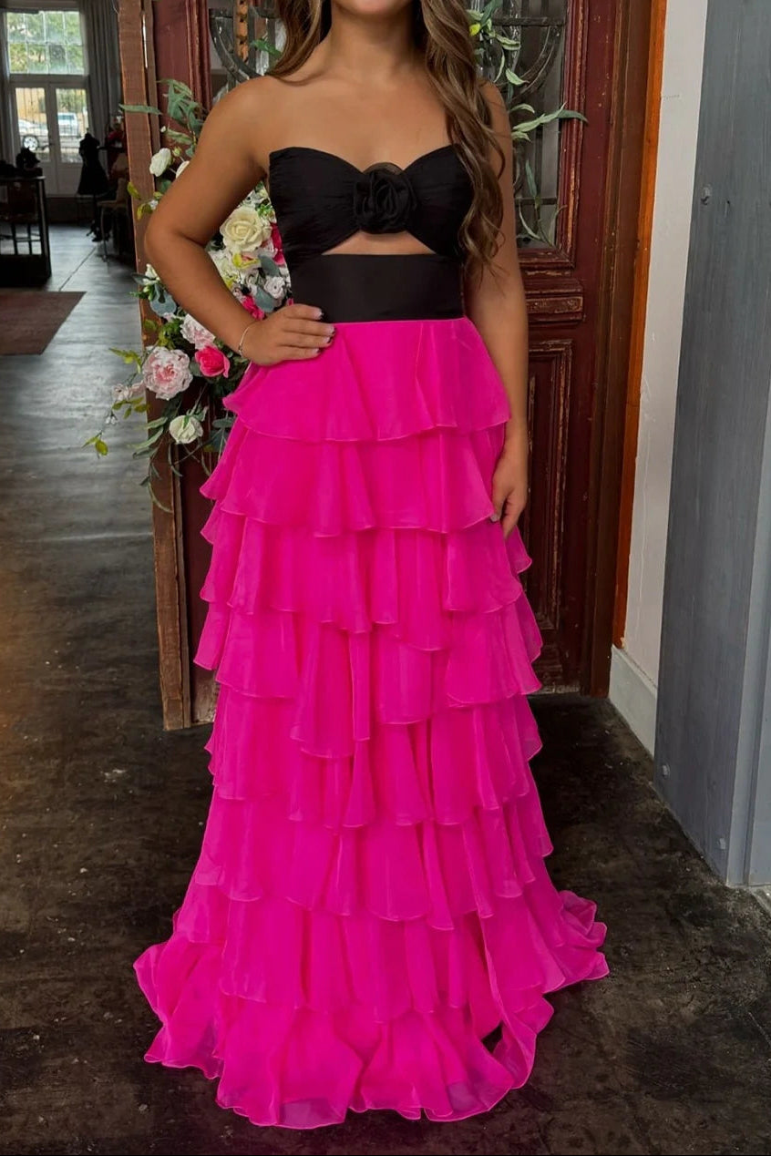 Strapless Tiered Floral Ruffle Gown with Slit
