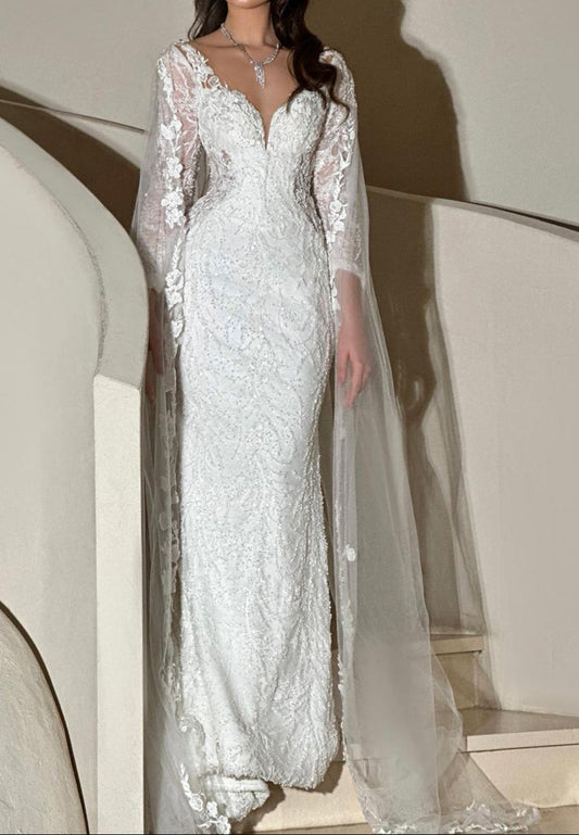 Deep V-Neck Lace Wedding Dress with Cape Train