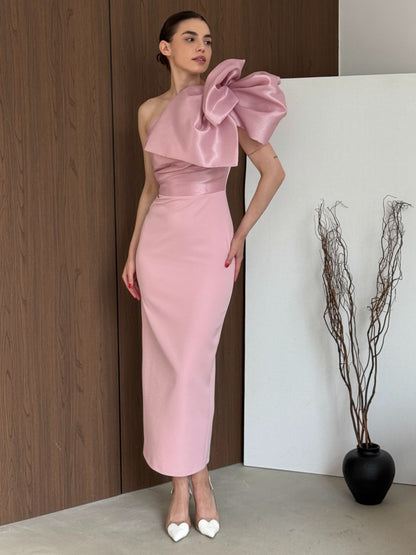 One-Shoulder Midi Dress with Dramatic Bow