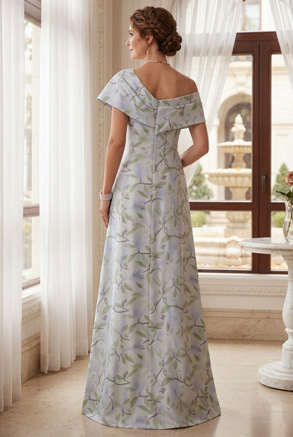 Asymmetric Leaf Print Gown with High Slit