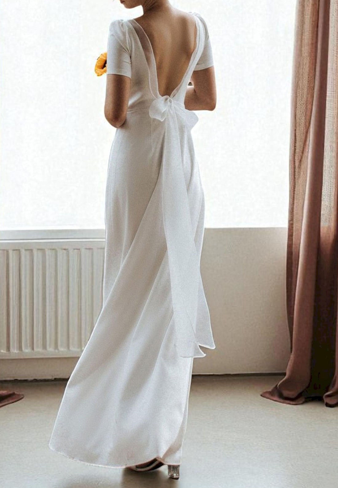 Short Sleeve Open Back Bridal Gown with Bow