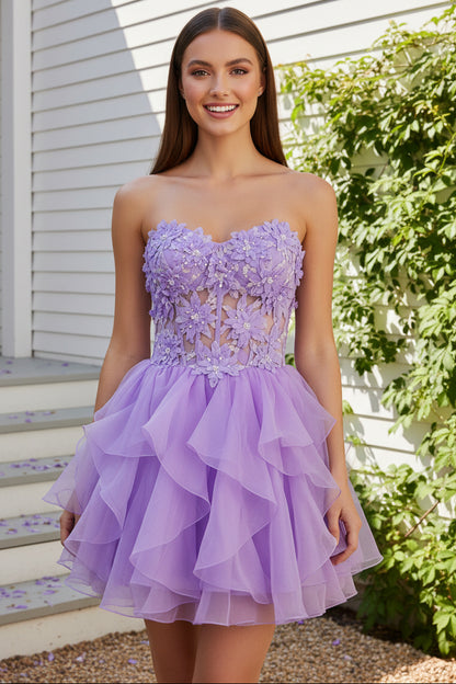 Strapless Floral Applique Tiered Ruffle Mini Dress